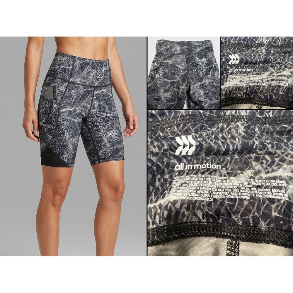 All in Motion Womens Grey Snakeskin Print Bike Shorts High Rise Pockets‎ Small